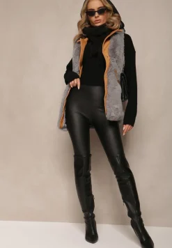 Szara Futrzana Kamizelka ze Wstawkami z Imitacji Skóry Plinia