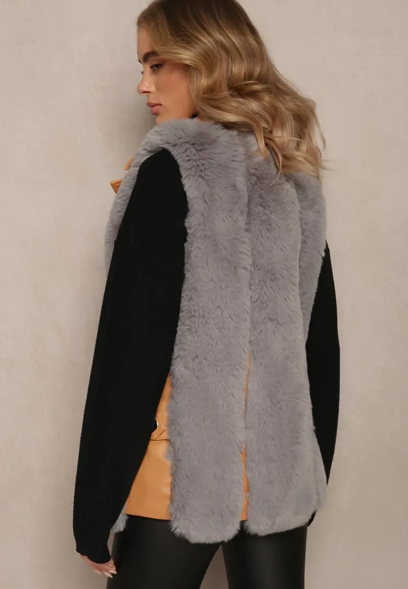 Szara Futrzana Kamizelka ze Wstawkami z Imitacji Skóry Plinia