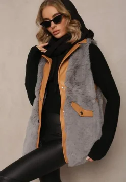 Szara Futrzana Kamizelka ze Wstawkami z Imitacji Skóry Plinia