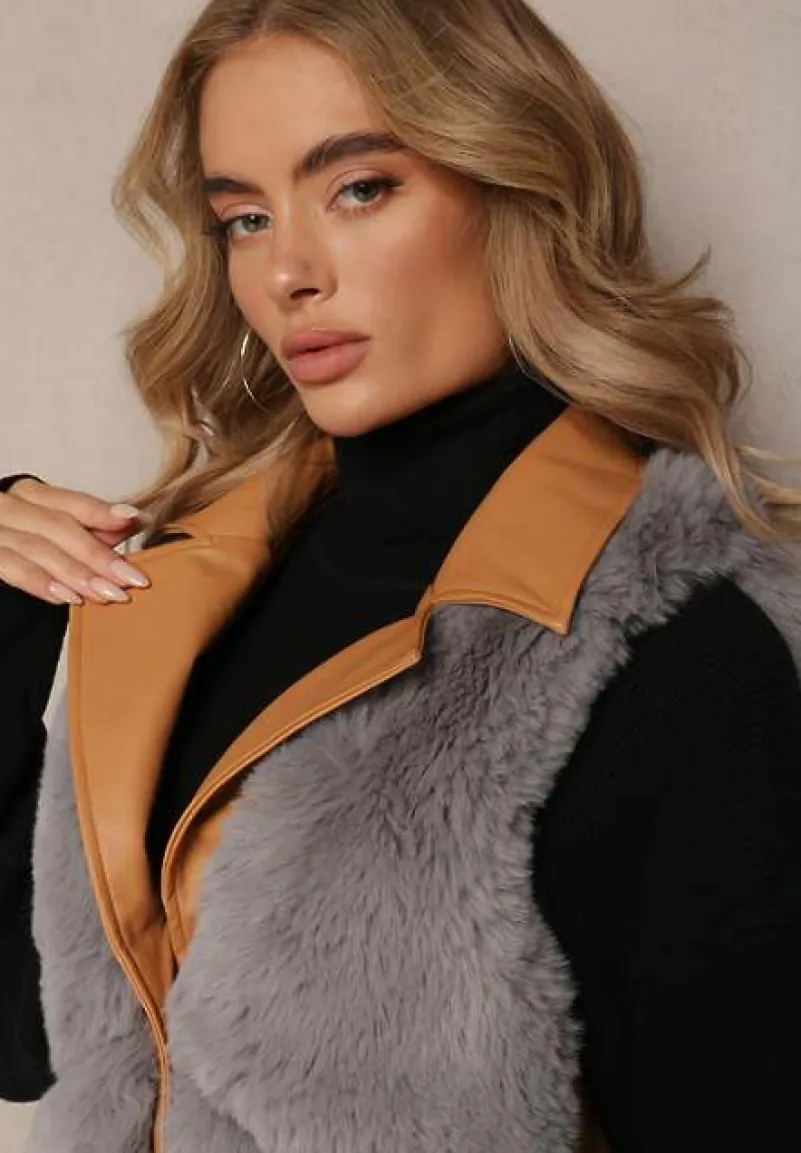 Szara Futrzana Kamizelka ze Wstawkami z Imitacji Skóry Plinia