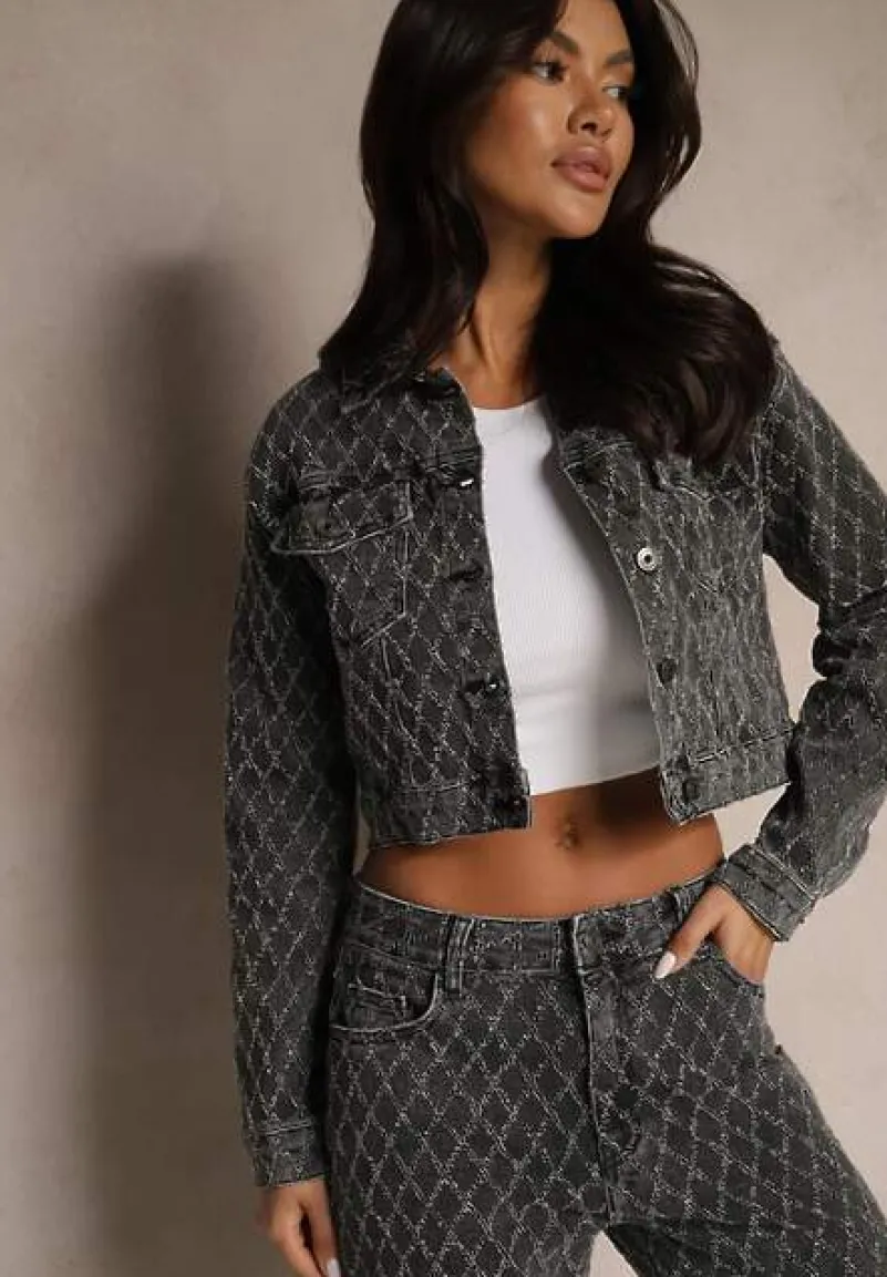 Szara Jeansowa Kurtka z Bawełny Ozdobiona Przetarciami Ariswenna