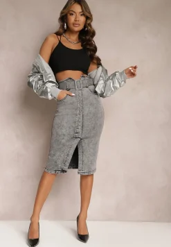 Szara Jeansowa Spódnica Ołówkowa Midi z Guzikami i Rozcięciem Jackiesa