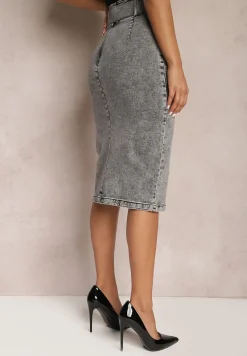 Szara Jeansowa Spódnica Ołówkowa Midi z Guzikami i Rozcięciem Jackiesa
