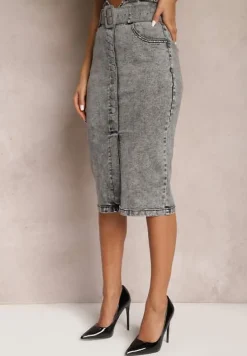 Szara Jeansowa Spódnica Ołówkowa Midi z Guzikami i Rozcięciem Jackiesa