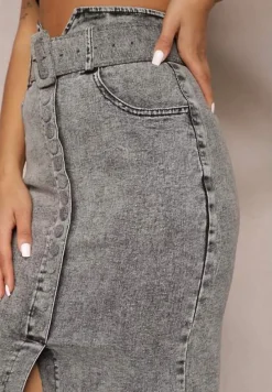 Szara Jeansowa Spódnica Ołówkowa Midi z Guzikami i Rozcięciem Jackiesa