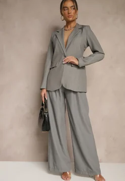 Szara Jednorzędowa Marynarka Ozdobiona Klapami Presli