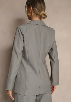 Szara Jednorzędowa Marynarka Ozdobiona Klapami Presli