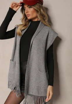 Szara Kamizelka Narzutka z Wiskozowej Dzianiny z Frędzlami i Kieszeniami Naralina