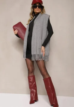 Szara Kamizelka Narzutka z Wiskozowej Dzianiny z Frędzlami i Kieszeniami Naralina