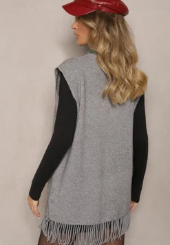 Szara Kamizelka Narzutka z Wiskozowej Dzianiny z Frędzlami i Kieszeniami Naralina