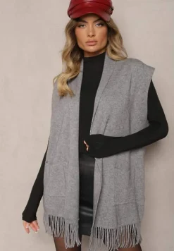 Szara Kamizelka Narzutka z Wiskozowej Dzianiny z Frędzlami i Kieszeniami Naralina