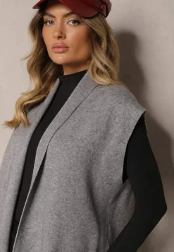 Szara Kamizelka Narzutka z Wiskozowej Dzianiny z Frędzlami i Kieszeniami Naralina