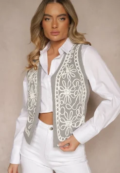 Szara Kamizelka Sweterkowa z Wiskozą i Wzorem Kwiatów Sanorina