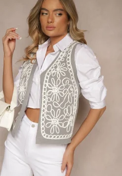 Szara Kamizelka Sweterkowa z Wiskozą i Wzorem Kwiatów Sanorina