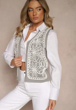 Szara Kamizelka Sweterkowa z Wiskozą i Wzorem Kwiatów Sanorina