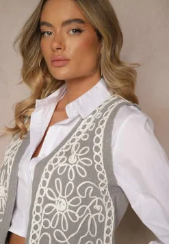 Szara Kamizelka Sweterkowa z Wiskozą i Wzorem Kwiatów Sanorina