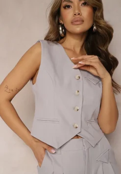 Szara Kamizelka w Stylu Garniturowym z Imitacją Kieszonek Odinen