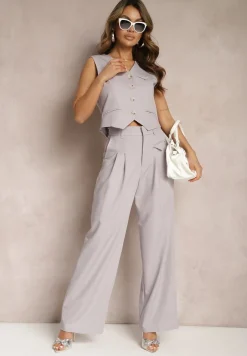 Szara Kamizelka w Stylu Garniturowym z Imitacją Kieszonek Odinen