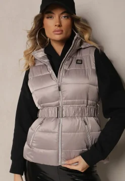 Szara Kamizelka z Odpinanym Kapturem Ozdobiona Pikowaniem i Paskiem z Marszczeniem Inathria