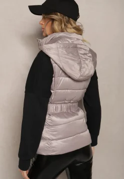 Szara Kamizelka z Odpinanym Kapturem Ozdobiona Pikowaniem i Paskiem z Marszczeniem Inathria