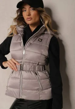 Szara Kamizelka z Odpinanym Kapturem Ozdobiona Pikowaniem i Paskiem z Marszczeniem Inathria