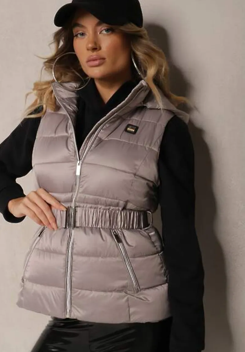 Szara Kamizelka z Odpinanym Kapturem Ozdobiona Pikowaniem i Paskiem z Marszczeniem Inathria