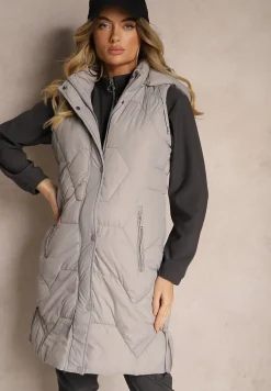 Szara Kamizelka z Pikowaniem Ściągaczami i Kapturem z Możliwością Odpięcia Norinvia