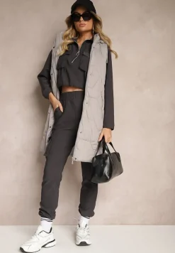 Szara Kamizelka z Pikowaniem Ściągaczami i Kapturem z Możliwością Odpięcia Norinvia