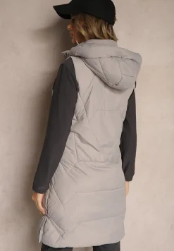 Szara Kamizelka z Pikowaniem Ściągaczami i Kapturem z Możliwością Odpięcia Norinvia