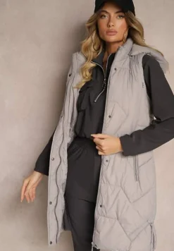 Szara Kamizelka z Pikowaniem Ściągaczami i Kapturem z Możliwością Odpięcia Norinvia