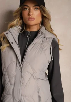 Szara Kamizelka z Pikowaniem Ściągaczami i Kapturem z Możliwością Odpięcia Norinvia