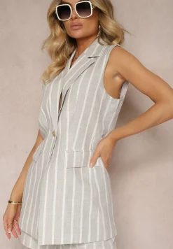 Szara Kamizelka Zapinana na Guzik w Pionowe Paski Vikilla