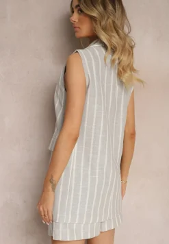 Szara Kamizelka Zapinana na Guzik w Pionowe Paski Vikilla