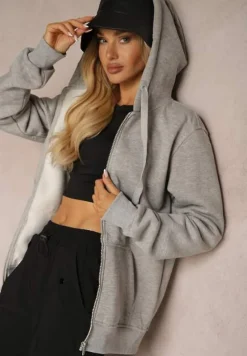 Szara Klasyczna Bluza z Kapturem i Sznurkami Ballata