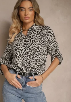 Szara Koszula z Wiskozą z Podpinanymi Rękawami w Panterkowy Print Fleffia