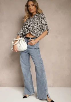 Szara Koszula z Wiskozą z Podpinanymi Rękawami w Panterkowy Print Fleffia