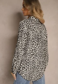 Szara Koszula z Wiskozą z Podpinanymi Rękawami w Panterkowy Print Fleffia