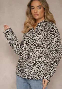 Szara Koszula z Wiskozą z Podpinanymi Rękawami w Panterkowy Print Fleffia