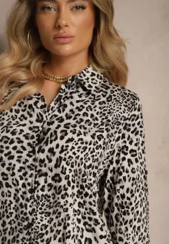 Szara Koszula z Wiskozą z Podpinanymi Rękawami w Panterkowy Print Fleffia