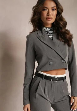 Szara Krótka Marynarka z Poduszkami w Ramionach Eclinta