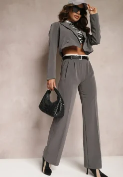 Szara Krótka Marynarka z Poduszkami w Ramionach Eclinta