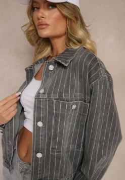 Szara Kurtka Jeansowa w Delikatne Prążki z Kieszeniami Ravirose