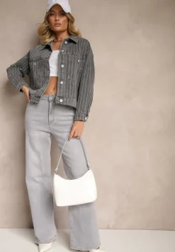 Szara Kurtka Jeansowa w Delikatne Prążki z Kieszeniami Ravirose