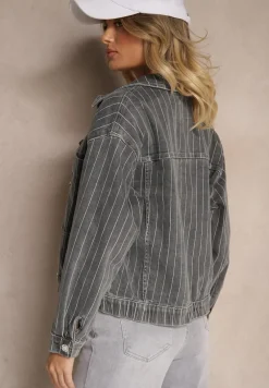 Szara Kurtka Jeansowa w Delikatne Prążki z Kieszeniami Ravirose