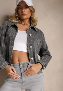 Szara Kurtka Jeansowa w Delikatne Prążki z Kieszeniami Ravirose