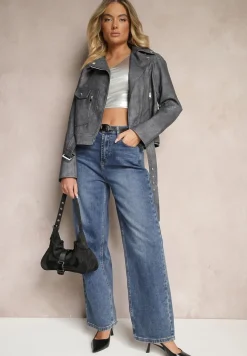 Szara Kurtka o Kroju Ramoneski z Paskiem ze Sprzączką i Kieszeniami Milvila