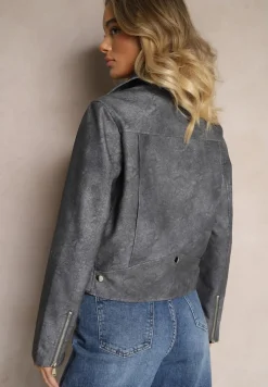 Szara Kurtka o Kroju Ramoneski z Paskiem ze Sprzączką i Kieszeniami Milvila