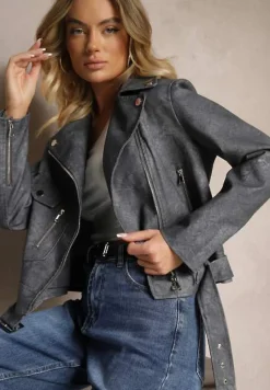 Szara Kurtka o Kroju Ramoneski z Paskiem ze Sprzączką i Kieszeniami Milvila