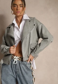 Szara Kurtka o Kroju Ramoneski z Paskiem z Klamrą Nalivra