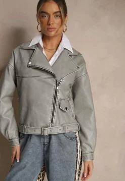 Szara Kurtka o Kroju Ramoneski z Paskiem z Klamrą Nalivra